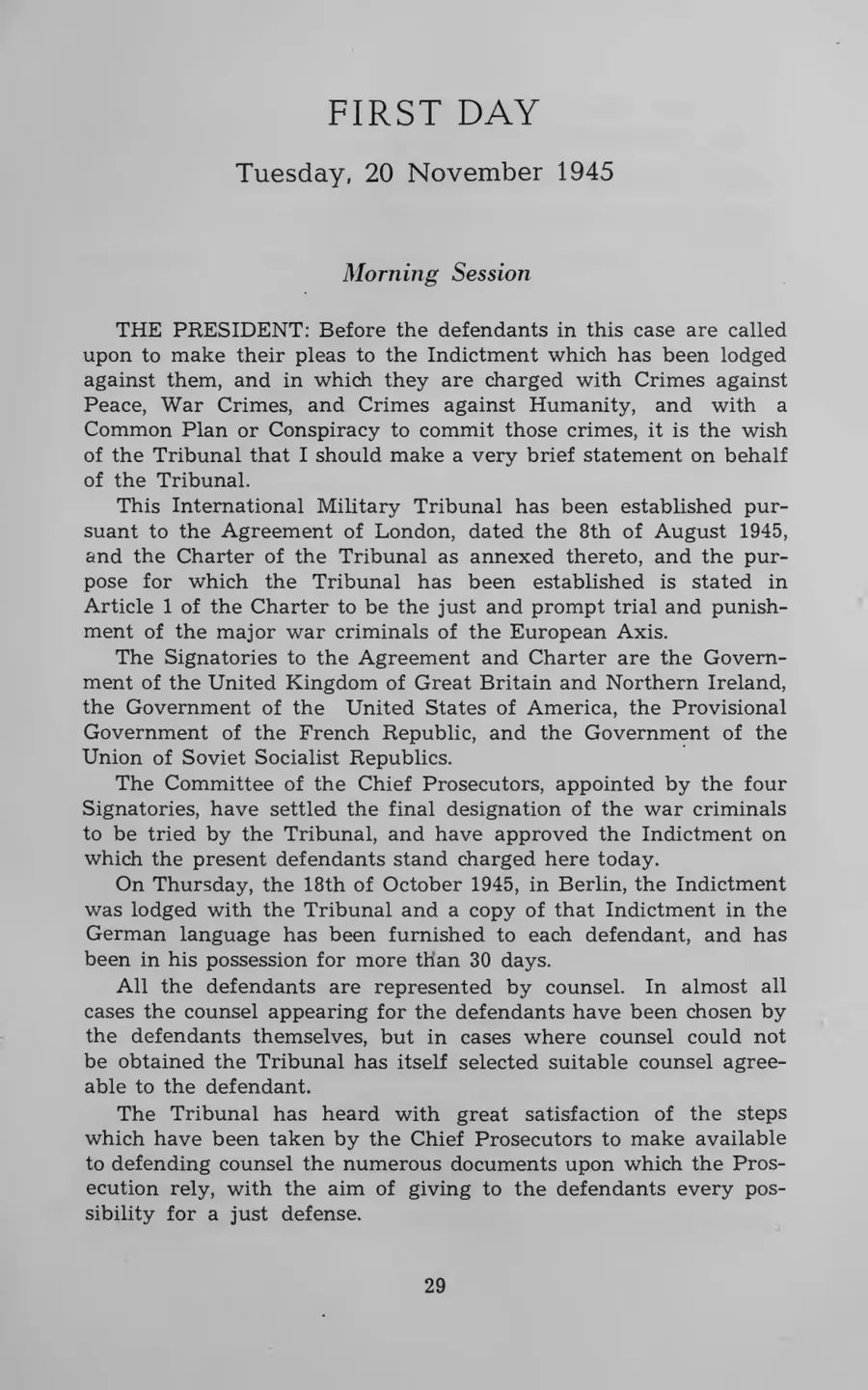 Court transcript, Volume 2, first day of the trial, 20 Nov 1945